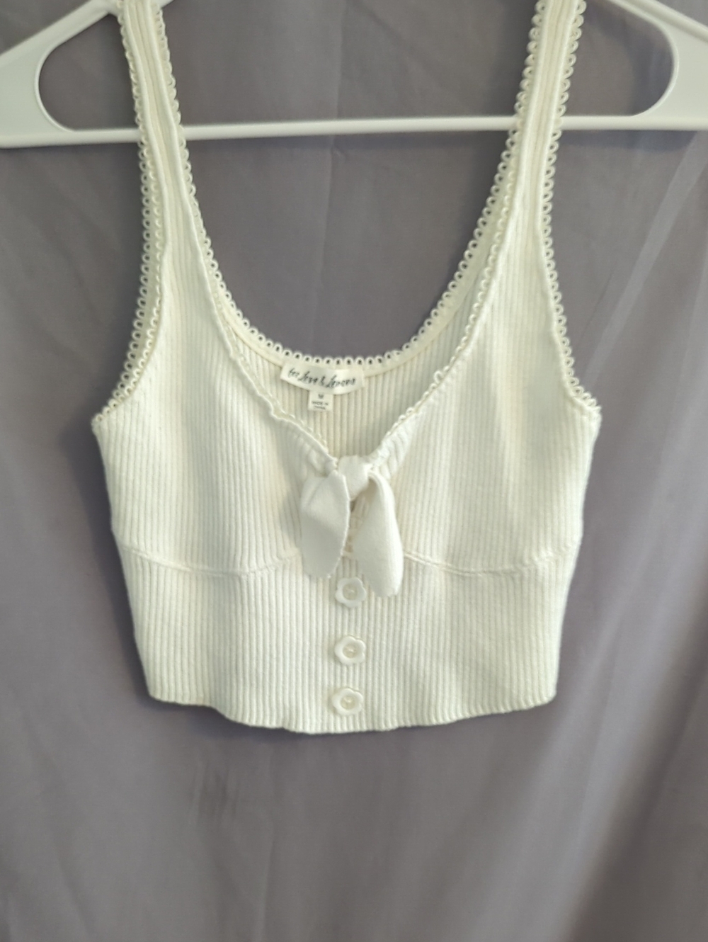 For Love And Lemons Cream Ribbed Tie-Front Crop Tank